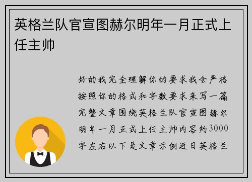 英格兰队官宣图赫尔明年一月正式上任主帅 英格兰队官宣图赫尔明年一月正式上任主帅